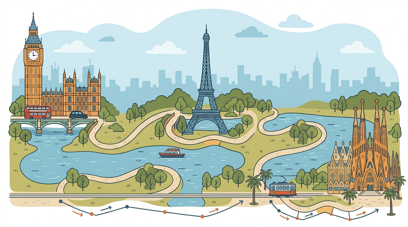 London, Paris and Barcelona skylines